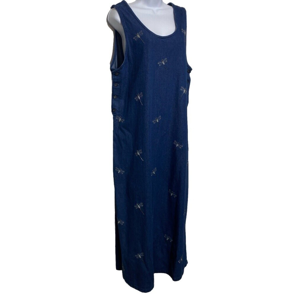 Vtg Jane Ashley Denim Jumper Dress Size L Sleeveless Maxi Dragonfly Cottagecore